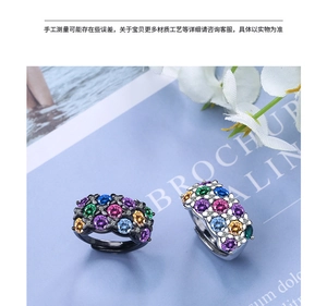 Detail of black and silver open rings with colorful cluster zircons on magazine background