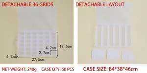 Detailed close-up of adjustable partitions in a clear plastic desktop organizer box