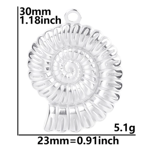 Detailed size chart of stainless steel nautilus pendant with measurements in mm and inches