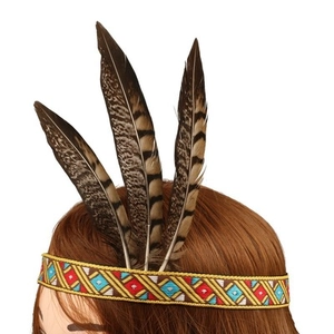 Détail d'un bandeau ethnique avec des plumes naturelles et une bande tissée géométrique