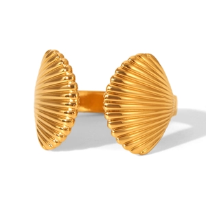 Detailed macro shot of a gold-plated shell-shaped adjustable open ring with a metal finish