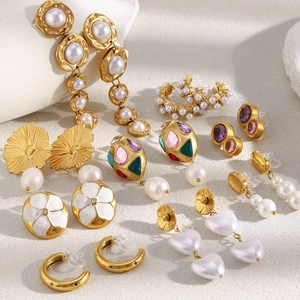 Chic 18K gold plated stainless steel earrings with pearls and colorful gemstones