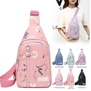 Detail view of colorful nylon crossbody bags with graffiti prints and fashion label