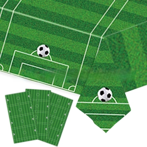 Close-up of football field table cover featuring green grass pattern and white goal lines