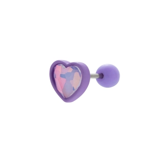 Detailed view of a purple heart-shaped earring with a secure ball screw-back design