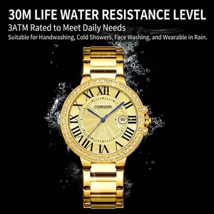 Gold hollow quartz watch for men with Roman numerals and rhinestone bezel on black background