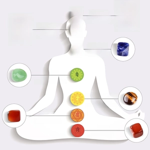 Infographic showing seven chakra healing crystals with meditation silhouette and meanings