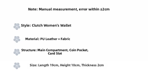 Detailed size and material specification chart for the long color-block women's clutch wallet