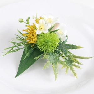 Artificial white flower boutonniere with greenery for outdoor weddings and business events