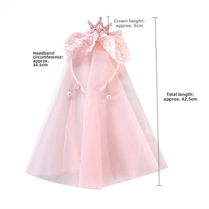 Pink princess crown headband with lace veil and pearls for girl's birthday party