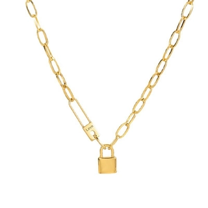 Chunky gold padlock pendant necklace with decorative safety pin clasp and Love engraving