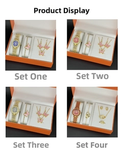 Detail view of quartz watch jewelry gift sets with butterfly pendants and bracelets