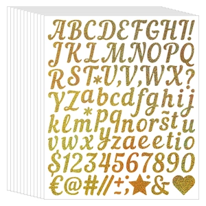Close-up of waterproof gold glitter alphabet and number stickers for DIY crafts