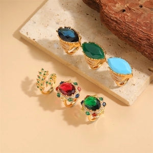 Baroque Retro Marquise Zircon Open Adjustable Ring For Women 14K Gold Plated Copper Colorful Glass Luxury Jewelry
