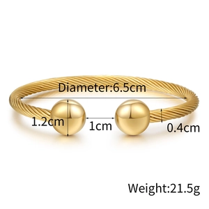 Detailed size parameters of golden twisted cable stainless steel bangle with spherical ends