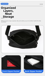 Detailed interior compartments of black canvas shoulder bag showing multi-pocket storage