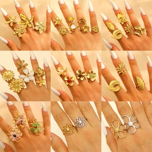 Stainless Steel Flower Leaf Open Rings For Women Gold Silver Plated Rose Daisy Sunflower Clover Adjustable Statement Jewelry