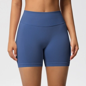 Short de yoga sans couture taille haute avec ceinture côtelée bleu marine pour fitness