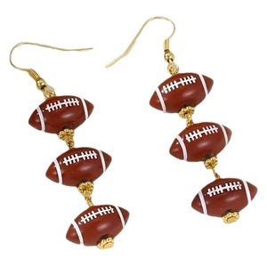 Long American football dangle earrings with brown acrylic beads and gold hooks