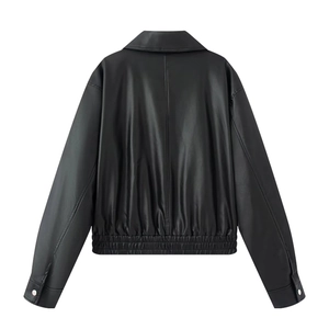 Back view of a black faux leather jacket with elastic hem and fine texture detail