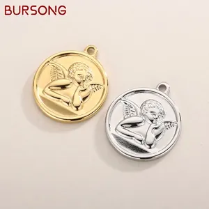 Pendentif Ange Cupidon Gaufré Rond En Acier Inoxydable Accessoire De Fabrication Bijoux DIY Pour Colliers Style Élégant