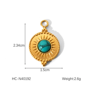Detailed view of sunburst pendant with turquoise inlay and size dimensions: 2.34cm height