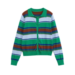 Striped knit cardigan featuring a retro polo collar and colorful contrast stripes