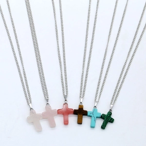 Cross Pendant Necklace Natural Stone Healing Crystals Copper Chain Fashion Religious Jewelry For Women Men