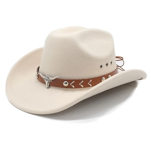 Detail of off-white wool cowboy hat with brown leather band and bull head silver buckle