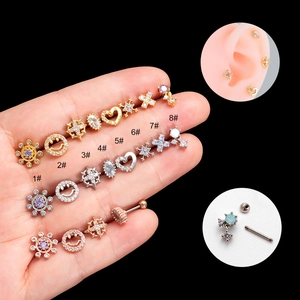 Stainless Steel Zircon Cartilage Stud Earrings Heart Flower Smile Face Piercing Jewelry Fashion Accessories For Women