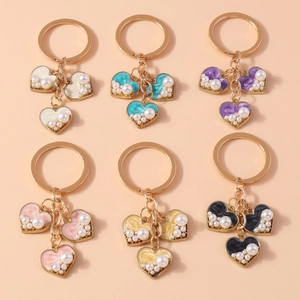 Romantic Heart Keychain Zinc Alloy Enamel With Faux Artificial Pearl Bag Pendant Key Ring Accessory For Women