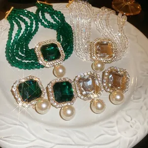 French vintage multi-layer pearl choker necklace with square emerald green pendant