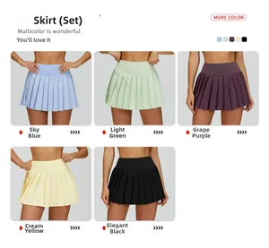 Collage of high-waist pleated sports skirts in light blue, green, purple, yellow, and black