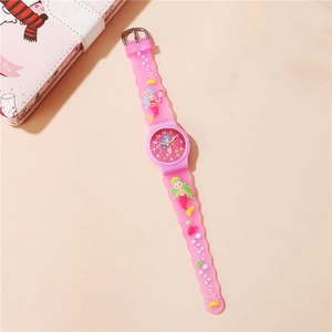 Detail of pink silicone watch band with 3D mermaid patterns and ocean elements