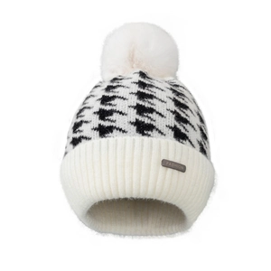 Women's winter knit beanie with leopard pattern, white pompom and fleece lining