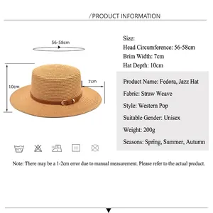 Straw fedora hat with brown leather belt, sun protection summer hat for men and women