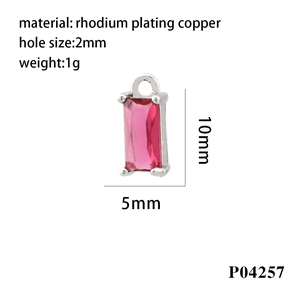 Detailed view of rhodium-plated copper pendant with pink cubic zirconia and dimensions