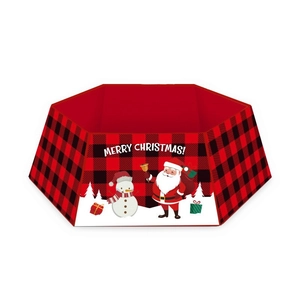 Falda de árbol de Navidad hexagonal a cuadros rojos y negros con Papá Noel y Muñeco