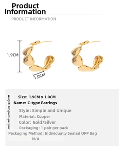 Detail showing dimensions and 18K gold plated copper geometric C-shaped earrings