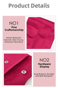 Close-up of rose red velvet jewelry pouch stitching and durable metal snap button detail