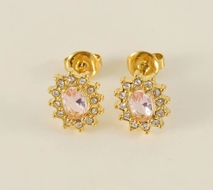 Macro detail of gold-plated sunflower earrings with pink zircon stone and crystal halo