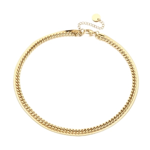Collier double couche en acier inoxydable doré avec chaîne serpent plate et mailles cubaines