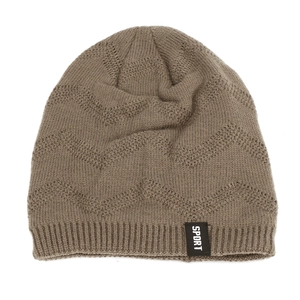 Deep khaki chevron knit beanie for men with warm fleece lining and sport patch detail