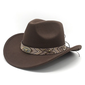 Western Cowboy Hat Retro Ethnic Style Woolen Felt Wide Brim With Bull Head Metal Emblem And Rivets Unisex