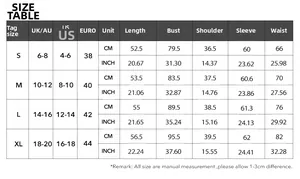 Tableau des tailles détaillé pour t-shirt à manches longues avec mesures US, UK et EU