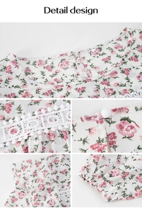 Detail of floral chiffon blouse showing round neck with lace trim and smocked cuffs
