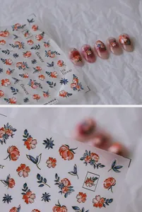 Détails d'autocollants pour ongles style encre avec motifs de fleurs rouges et feuilles