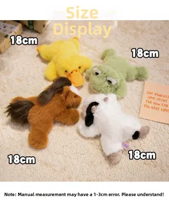 Collection of 18cm plush animals including duck, frog, horse, and cow on a soft rug