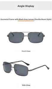 Detail view of gunmetal double bridge aviator sunglasses with polarized dark gray lenses