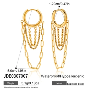Detail view of gold stainless steel multi-layered tassel earrings with dimension markings